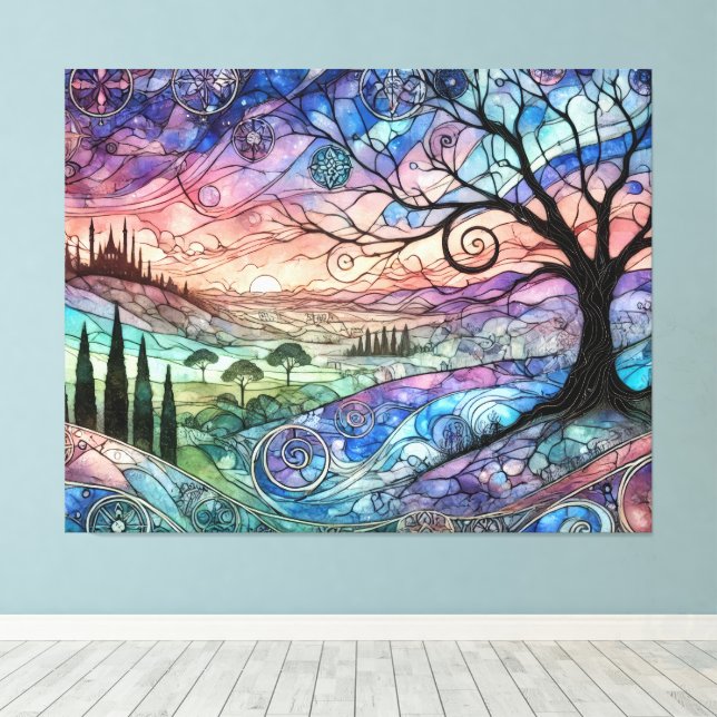 Fantasy Landscape with Tree and Colourful Sunset Canvas Print (Insitu(Wood Floor))