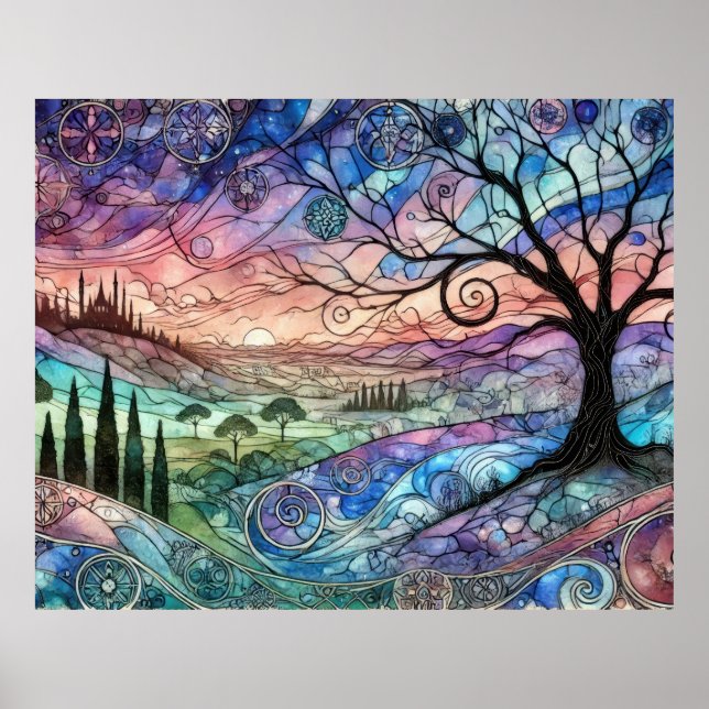 Fantasy Landscape with Tree and Colourful Sunset Poster (Front)