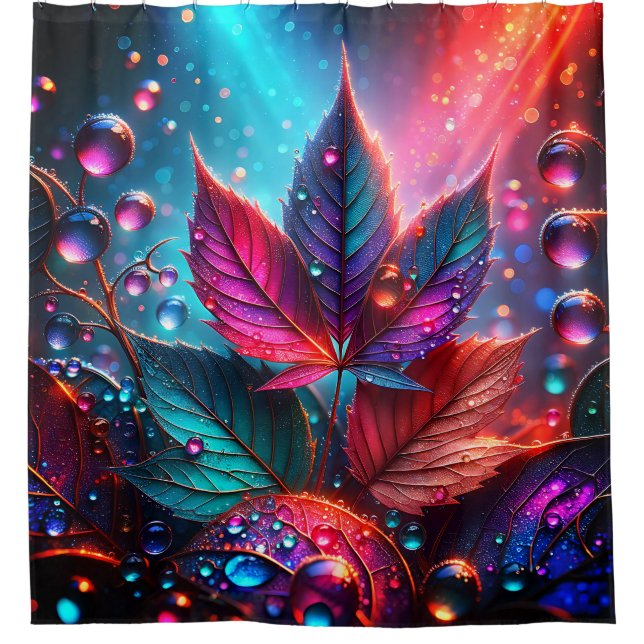 “Fantasy Leaves: Dew-Kissed Elegance Shower Curtain (Front)