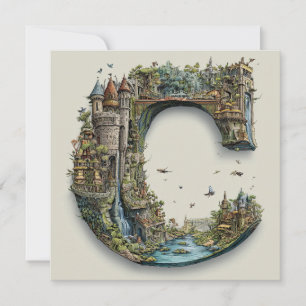 Fantasy Letter C with Castles in the Sky Storybook Holiday Card