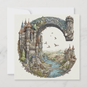 Fantasy Letter C with Castles in the Sky Storybook Holiday Card