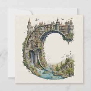 Fantasy Letter C with Castles in the Sky Storybook Holiday Card