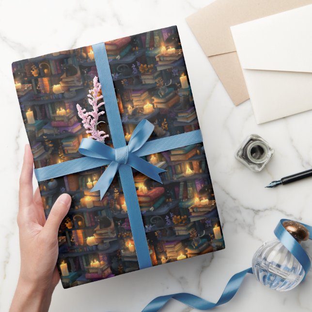 Fantasy Library Floating Books Magical Candles Wrapping Paper (Gifting)