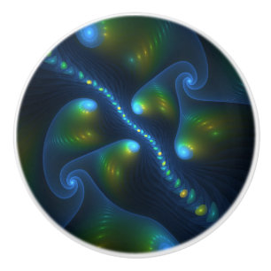 Fantasy Lights Abstract Blue Green Yellow Fractal Ceramic Knob