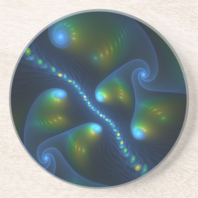 Fantasy Lights Abstract Blue Green Yellow Fractal Coaster (Front)