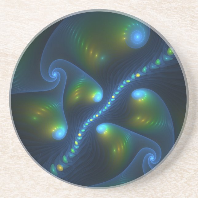 Fantasy Lights Abstract Blue Green Yellow Fractal Coaster (Front)