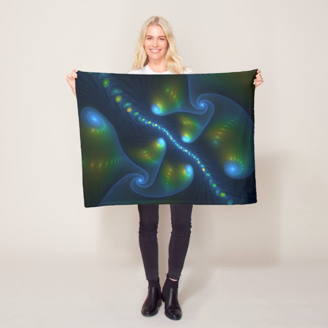 Fantasy Lights Abstract Blue Green Yellow Fractal Fleece Blanket (In Situ)