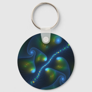 Fantasy Lights Abstract Blue Green Yellow Fractal Key Ring