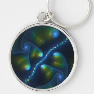 Fantasy Lights Abstract Blue Green Yellow Fractal Key Ring
