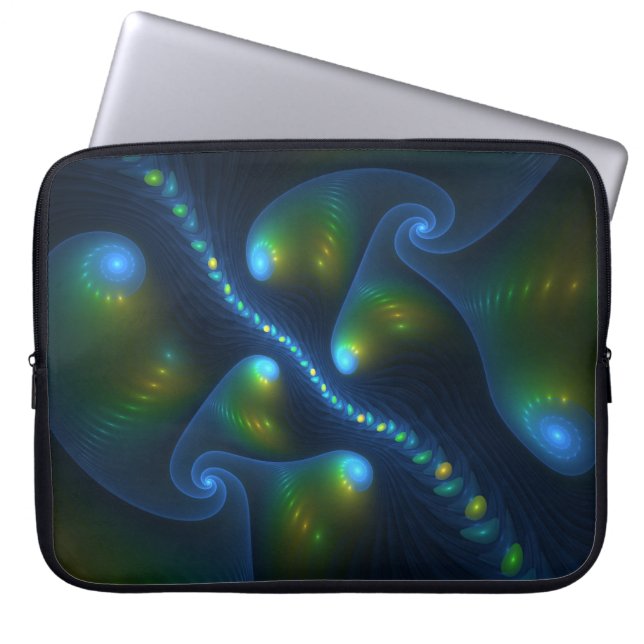 Fantasy Lights Abstract Blue Green Yellow Fractal Laptop Sleeve (Front)