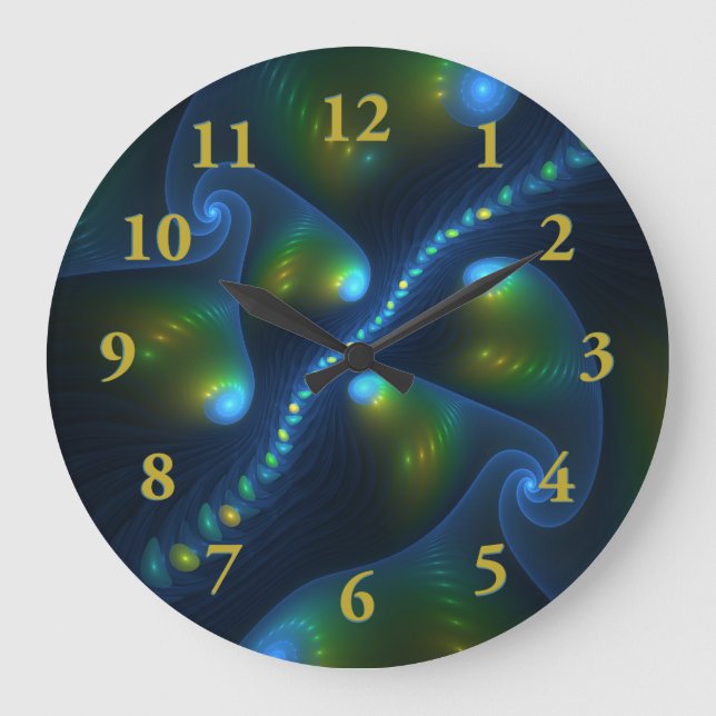 Fantasy Lights Abstract Blue Green Yellow Fractal Large Clock (Front)
