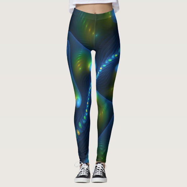 Fantasy Lights Abstract Blue Green Yellow Fractal Leggings (Front)