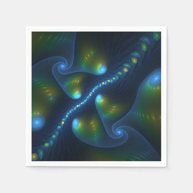 Fantasy Lights Abstract Blue Green Yellow Fractal Napkin (Front)