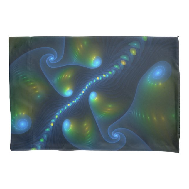 Fantasy Lights Abstract Blue Green Yellow Fractal Pillowcase (Front)
