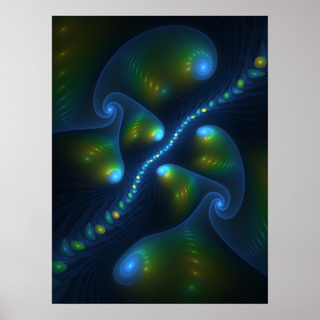 Fantasy Lights Abstract Blue Green Yellow Fractal Poster (Front)
