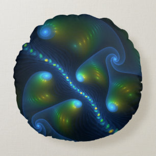 Fantasy Lights Abstract Blue Green Yellow Fractal Round Cushion