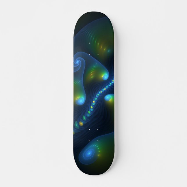 Fantasy Lights Abstract Blue Green Yellow Fractal Skateboard (Front)