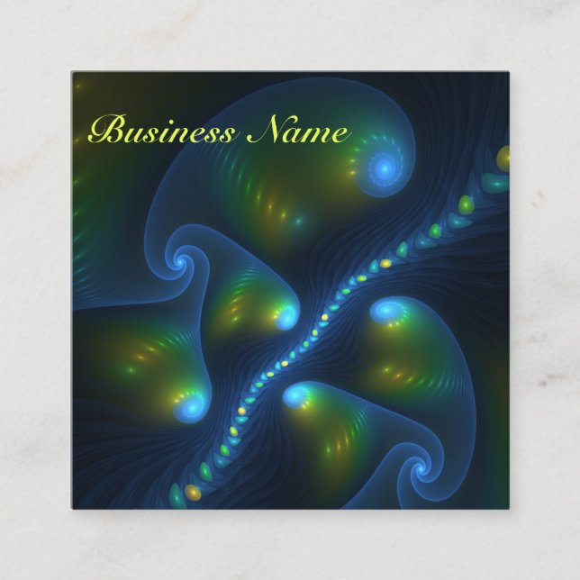 Fantasy Lights Abstract Blue Green Yellow Fractal Square Business Card (Front)