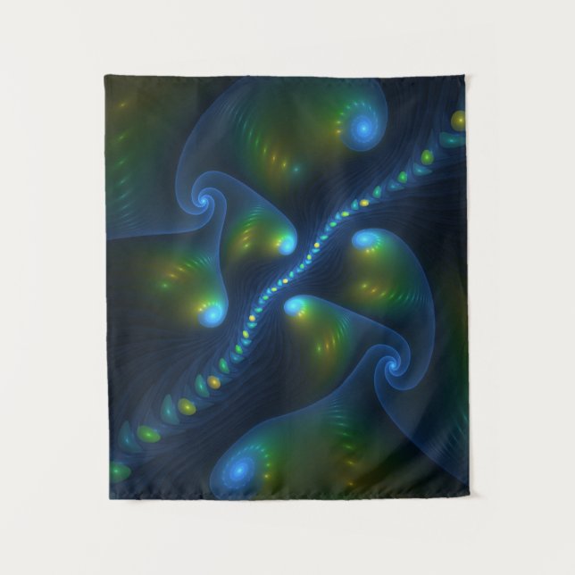 Fantasy Lights Abstract Blue Green Yellow Fractal Tapestry (Front)