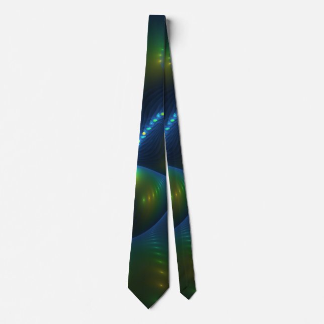 Fantasy Lights Abstract Blue Green Yellow Fractal Tie (Front)