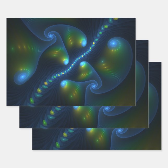Fantasy Lights Abstract Blue Green Yellow Fractal Wrapping Paper Sheet (Set)