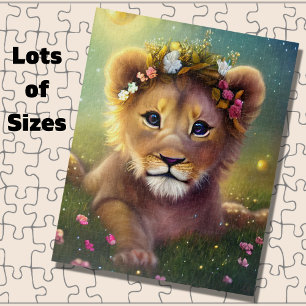 Fantasy Lion Cub on Grass with Flowers Jigsaw Puzzle