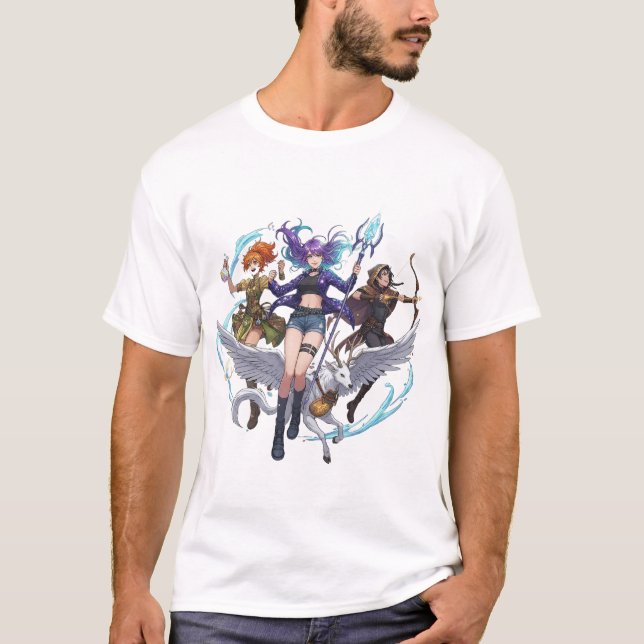 Fantasy Magic Trio PNG, Anime Style Wizard, Archer T-Shirt (Front)