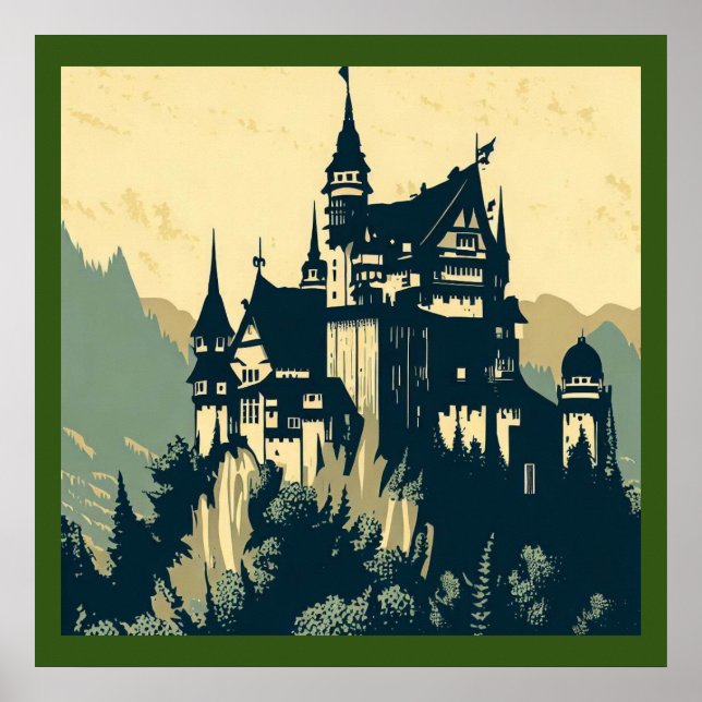 Fantasy Mediaeval Castle - Woodcut 1 Poster (Front)