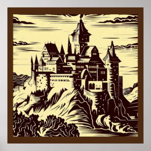 Fantasy Mediaeval Castle - Woodcut 2 Poster