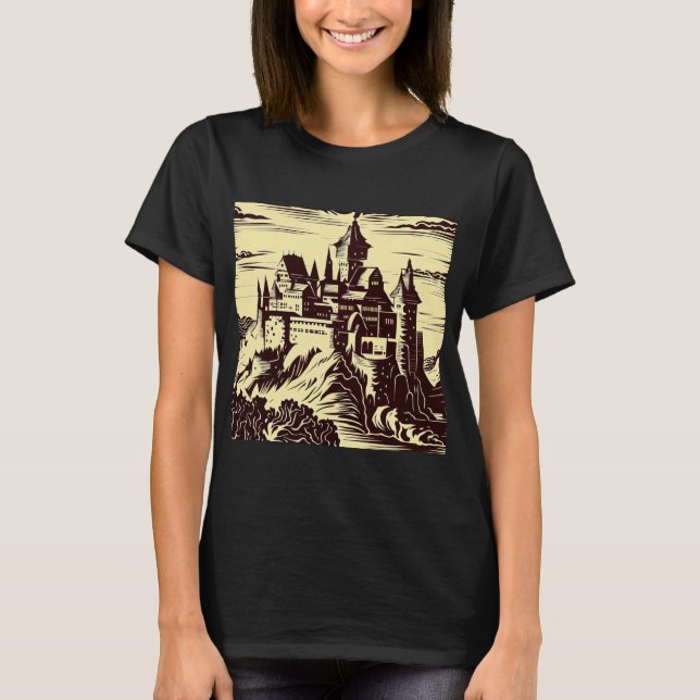 Fantasy Mediaeval Castle - Woodcut 2 T-Shirt (Front)