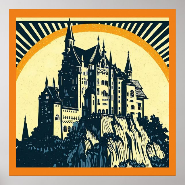 Fantasy Mediaeval Castle - Woodcut 3 Poster (Front)