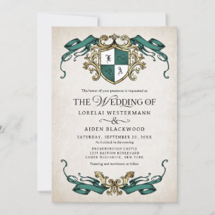 Fantasy Mediaeval Shield Emerald Green Wedding Invitation