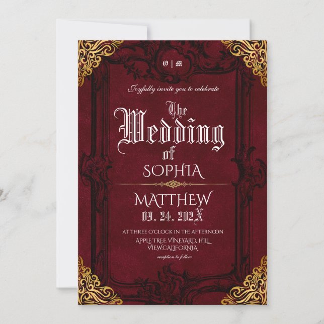 Fantasy Medieval Royal Burgundy Gold Wedding Invitation (Front)