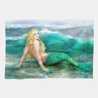 Fantasy Mermaid on Shore of Aqua Blue Sea Tea Towel
