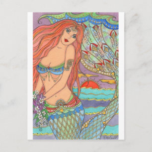 Fantasy Mermaid Princess Art Sunset Flowers Postcard