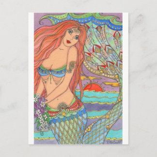 Fantasy Mermaid Princess Art Sunset Flowers Postcard