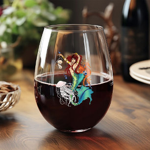 Fantasy Mermaid Teal Tail Stemless Wine Glass