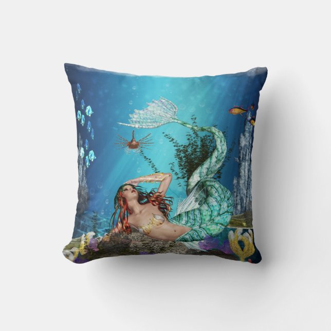 Fantasy Mermaid With Fish Polyester Throw Pillow (Front)