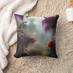 Fantasy Misty Rainy Magical Garden Landscape Cushion
