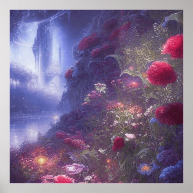 Fantasy Misty Rainy Magical Garden River Landscape Poster (Front)