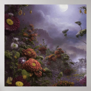 Fantasy Moonlight Magical Garden Landscape  Poster