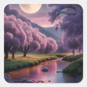 Fantasy Moonlit River Dreamscape Illustration Square Sticker