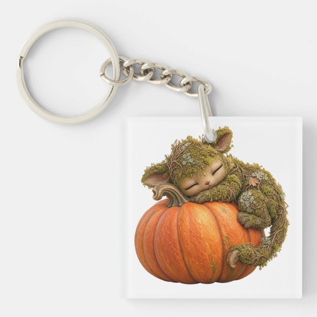 Fantasy Moss Creature with Pumpkin Postcard Key Ring (Front)