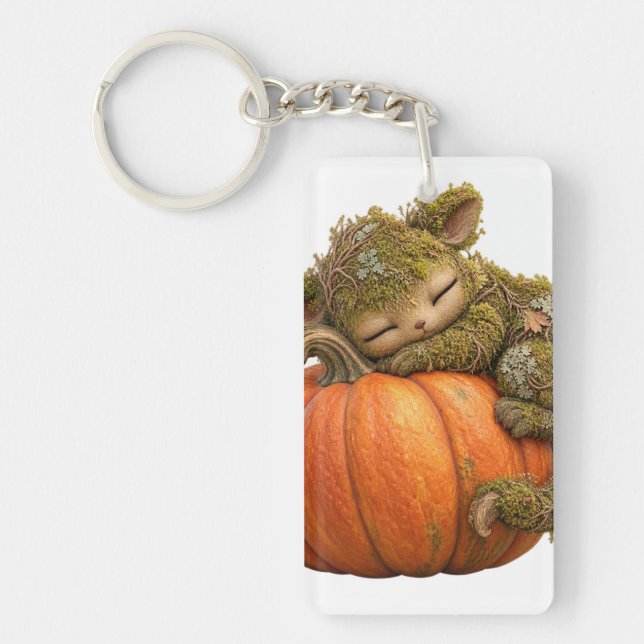 Fantasy Moss Creature with Pumpkin Postcard Key Ring (Front)