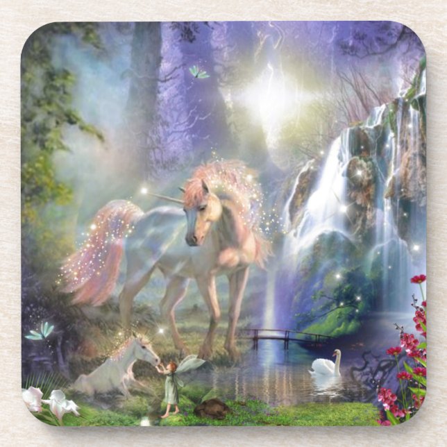 Fantasy Mother Unicorn and Baby in a Fairy Garden Coaster (Front)