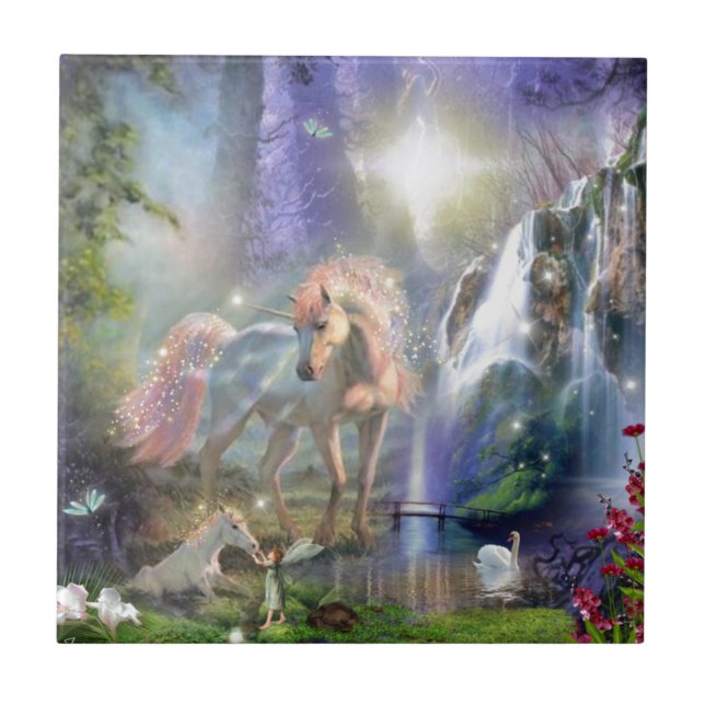 Fantasy Mother Unicorn and Baby in a Fairy Garden Tile (Front)