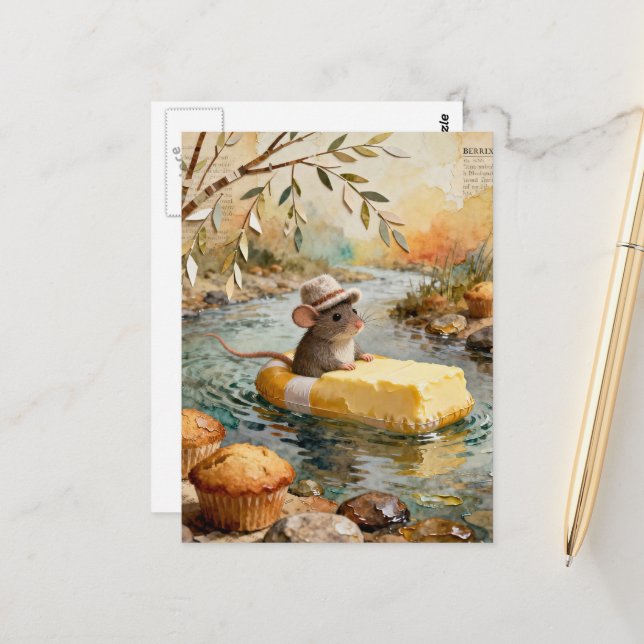 Fantasy Mouse Floating Downriver on Butter Float Postcard (Front/Back In Situ)