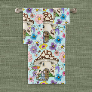 Fantasy Mouse Mushrooms House Floral Bath Towel Set