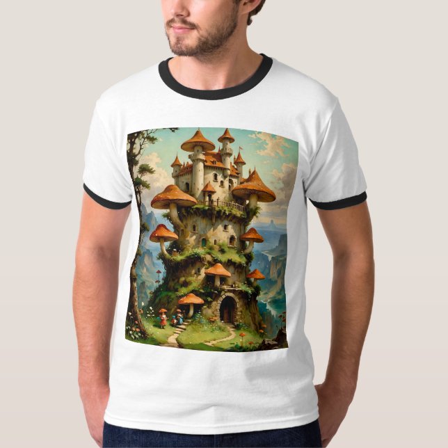 Fantasy Mushroom Castle on Cliffside T-Shirt (Front)