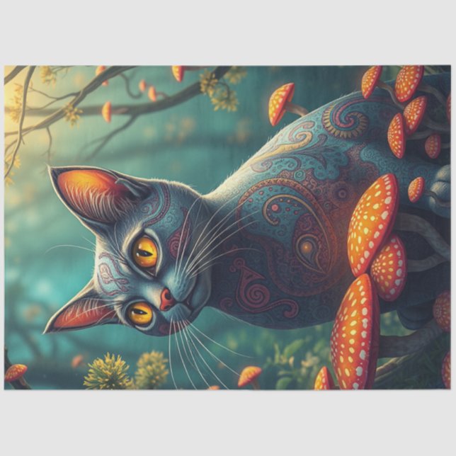 Fantasy Mushroom Forest Blue Cat  Tissue Paper (Front)